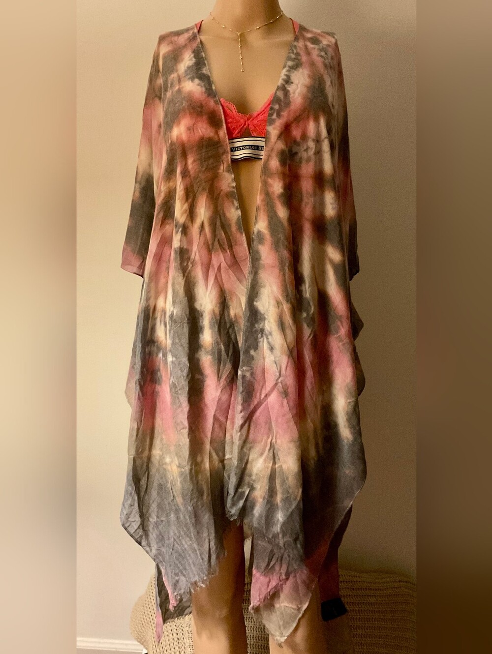 Urban Outfitters Brand New Pink Gray Cream Tie-Dye Open Front Kimono